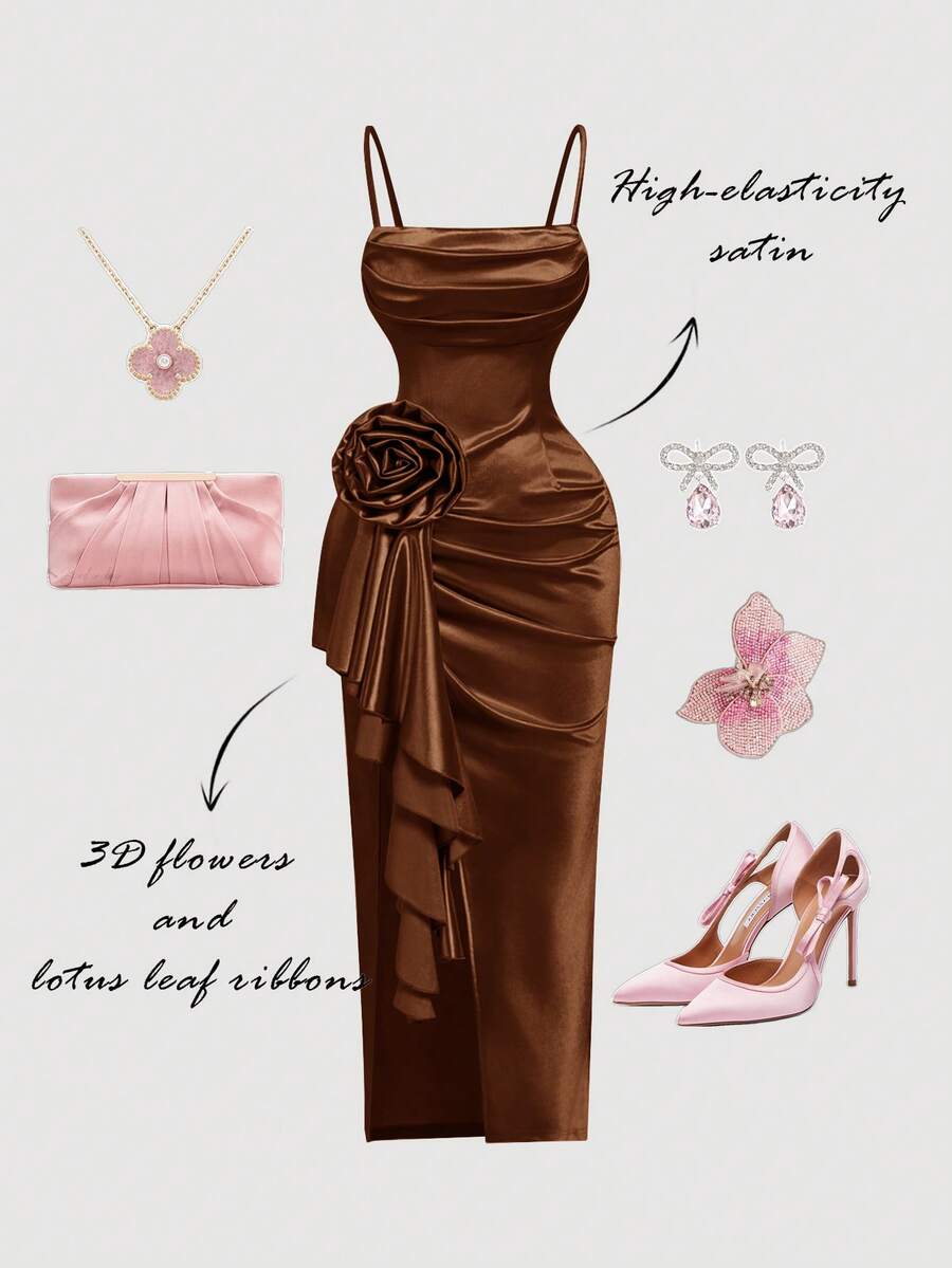 SHEIN MOD Đầm satin xẻ cao họa tiết hoa 3D mộng mơ với cổ áo xếp nếp và chi tiết bèo nhún – Hoàn hảo cho kỳ nghỉ, những dịp lãng mạn, đi biển, hẹn hò, dã ngoại, tiệc tùng, dạ hội, lễ hội và sinh nhật; Phong cách cổ điển lãng mạn kiểu cung đình - màu nâu - Xem 1