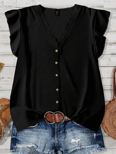 Mellowie 休闲简约浪漫蕾丝边饰加大码女式V领荷叶边短袖黑色衬衫，适合夏季和度假穿着
