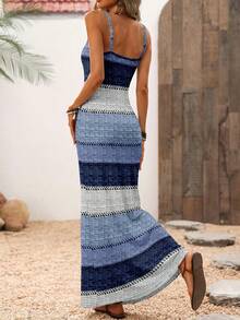 Easowa Vestido camisero maxi de mujer de corte slim con patrón de rayas y bloques de color, adecuado para primavera y verano - Multicolor - Ver 3