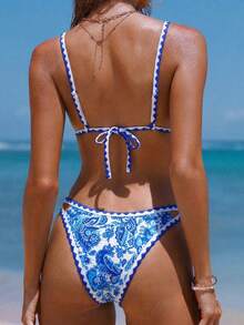 Swim Vcay Women's White And Blue Floral Bikini Sets,2 Pieces Summer Boho Swimwear With Hollow-Out Side Pants,Holiday Pool Party Retro Beach Outfits - Multicolor - View 2