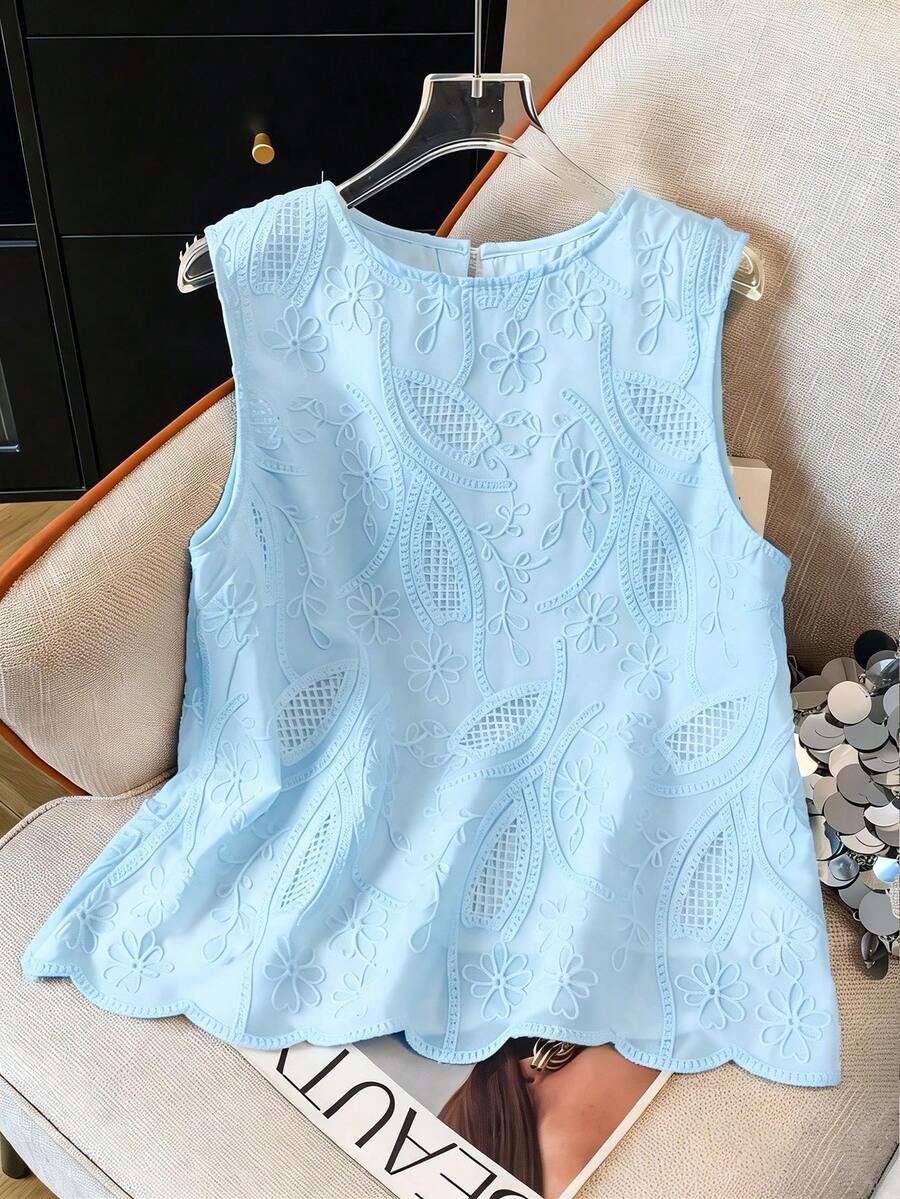 GlowEve White Embroidered Shell Trim Sleeveless Blouse For Women, Vacation - Blue - View 1