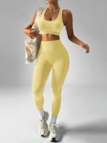 SHEIN Sports 女士休闲纯色吊带背心和紧身裤运动套装，夏季 - 奶油色 - 查看 4