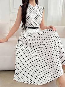 SHEIN Girlism 优雅波点印花无袖连衣裙，配腰带，适合通勤和返校季穿着，少女款 - 黑與白 - 查看 2