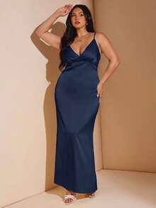 SHEIN BAE Maxikleid aus Satin mit V-Ausschnitt und rückenfreiem Design für Damen in Große Größen, Gelb, geeignet für Urlaub, Musikfestivals, Geburtstage, Brunch, Hochzeitsgäste, elegante Partykleider für Frauen, Herbstmode für Frauen, Schulkleidung, Y2K-Mode, Landoutfits für Frauen, Vintage-Kleidung für Frauen, Festivaloutfits für Frauen, Hochzeitsgastkleid für Kurven, Sommeroutfits für Frauen, Abendkleider für Frauen, Geburtstagsoutfits für Frauen, Satin-Kleid in Buttergelb für Große Größen, Satin-Abendkleid für Große Größen, langes Satin-Kleid - marineblau - Übersicht 5