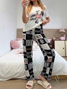 Cute Cartoon Cow & Plaid Print Lively Women Pajama Set - Black and White - View 5