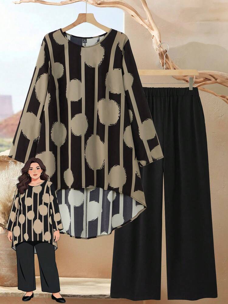 Plus Size Women 2pcs Set Geometric Print Round Neck Long Sleeve Asymmetric Hem Top And Pants, Casual, Winter Set