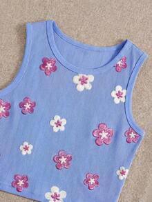 SHEIN Tween Girls Floral Embroidered Sleeveless Round Neck Tank Top - Purple - View 4