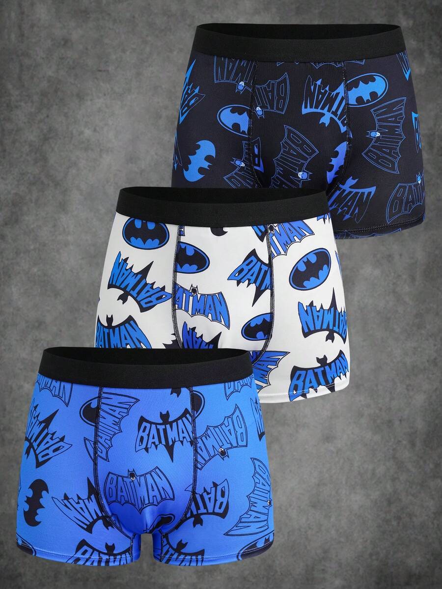 BATMAN X SHEIN 3条装男士平角内裤,聚酰胺面料,轻盈时尚百搭,品牌联名款 - 藍白色 - 查看 1