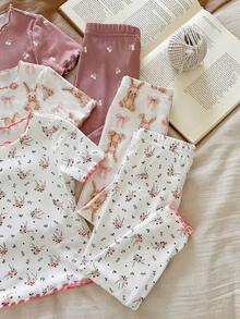 SHEIN 6pcs/Set Baby Girl Cute Short Sleeve Top And Pants Homewear Set - Multicolor - View 5