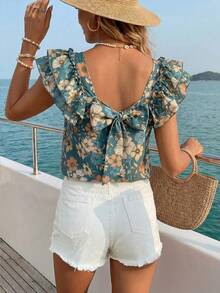 Sylviya Áo kiểu nữ tay ngắn dáng suông, họa tiết hoa công nhân màu xanh lam thanh lịch, nơ sau lưng, bèo nhún, thích hợp mặc hàng ngày, đi nghỉ mát, du lịch, dã ngoại vào mùa hè và đầu mùa thu. Thích hợp cho những buổi đi chơi, phong cách sang trọng dành cho nữ, thích hợp cho kỳ nghỉ. - Nhiều màu - Xem 2