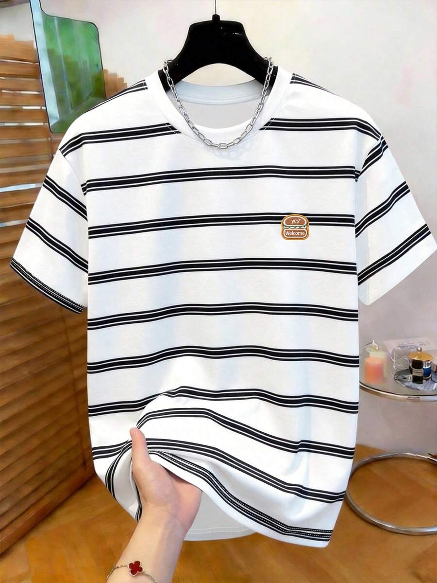 Manfinity Dauomo 男士宽松撞色领短袖T恤,经典条纹印花图案,时尚设计,休闲日常穿着,适合学生和户外活动。 - 彩色 - 查看 1