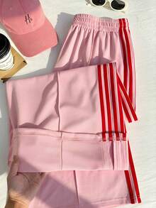 Comfortcana Plus Size Women Elastic Waist Side Stripe Wide Leg Loose Sweatpants - Baby Pink - View 4