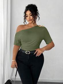 Elenzga Plus Size Women Elegant Personalized Versatile Casual Commute Cold-Shoulder Top - Olive Green - View 3