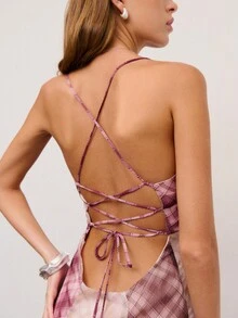 Nöista Đầm dài họa tiết kẻ caro ghép mảnh, lưng chéo và dây đeo có thể điều chỉnh. Mùa xuân, hè, dành cho nữ. - Nhiều màu - Xem 7