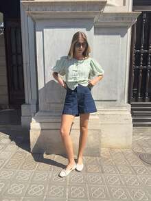 Nöista Quần short denim cạp cao có khóa cài đôi và đường may tỉ mỉ. Hai túi phía trước và phía sau. Thích hợp cho mùa xuân, hè, nữ. - Rửa tối - Xem 7