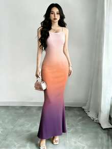 Modelyn Đầm hai dây in họa tiết ombre, đầm dài ôm sát gợi cảm thời trang nữ, eo điều chỉnh được, chân đầm đuôi cá gradient, đầm hai dây mùa hè, thích hợp mặc hàng ngày và đi nghỉ hè. - Nhiều màu - Xem 3