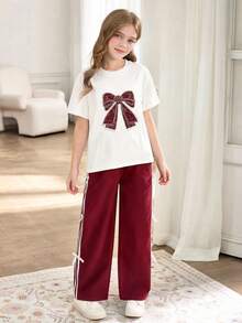 SHEIN 2pcs/Set Setelan Atasan Pita Rhinestone dan Celana Pita Bergaris untuk Anak Perempuan, Gaya Busana Jalanan - Burgundy - View 6