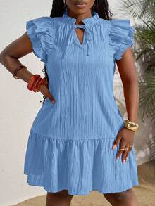 Slaydiva Robe à col cravate de couleur unie, manches à volants, ourlet à volants, robe d'été grande taille - Bleu ciel - Voir 10