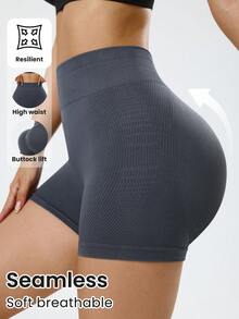 SHEIN Sports Damen nahtlose geraffter grauer Sportshorts - Dunkelgrau - Übersicht 1