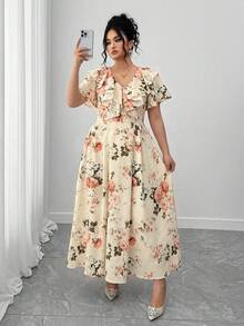 Elenzga Vestido de lunares con volantes y estampado floral de cuello en V talla grande, estilo de vacaciones, estilo maduro, estilo campestre - Multicolor - Ver 3
