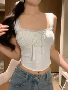 DAZY Áo tank top ngắn tay cổ vuông thắt nơ ren tương phản dành cho nữ, áo khoác vest mùa hè thường ngày. - trắng - Xem 6