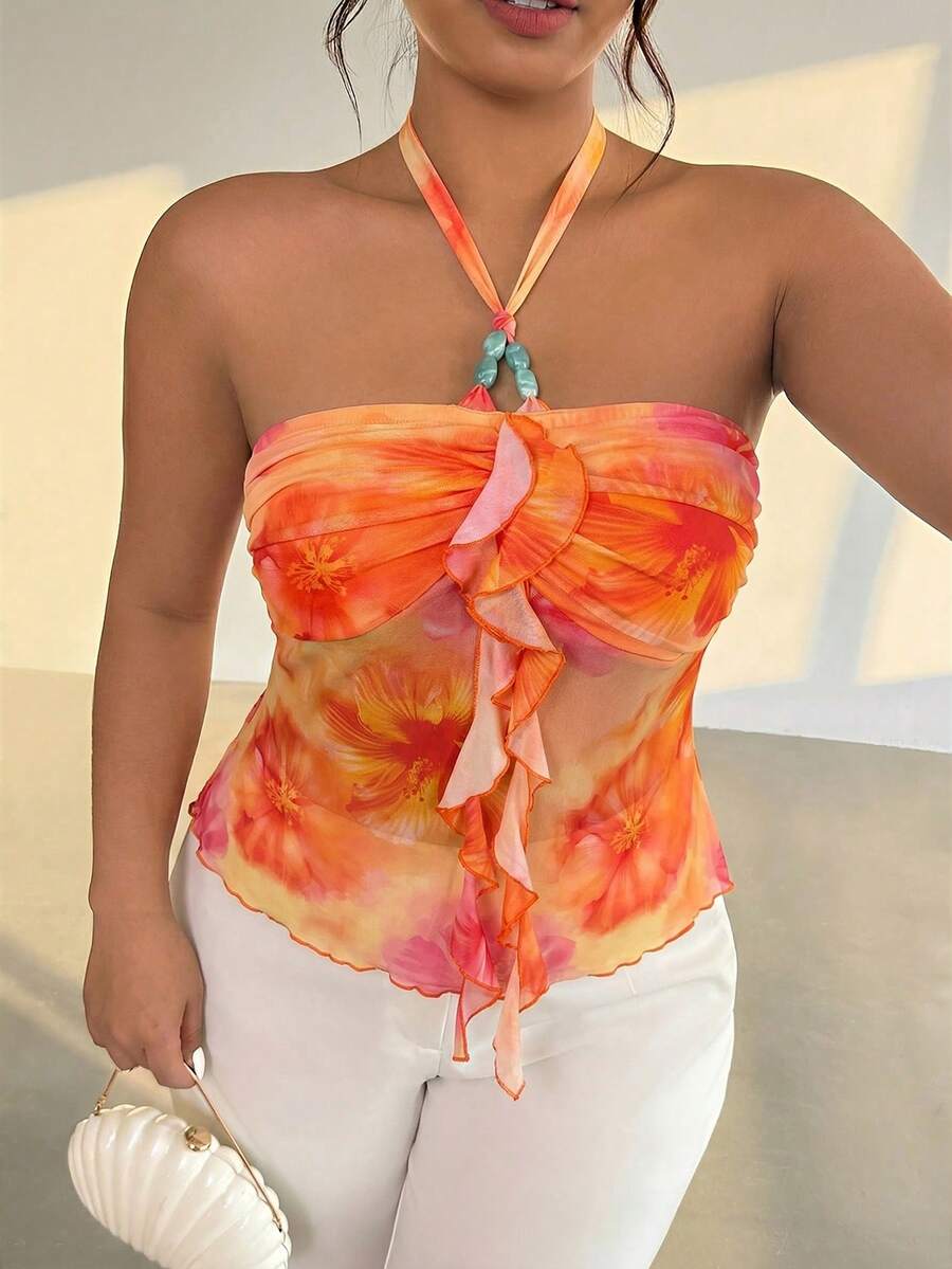 Firerie Top Halter con Volantes Estampado Floral Tie Dye Talla Grande para Mujer, Playa Vacaciones de Verano - Multicolor - Ver 1