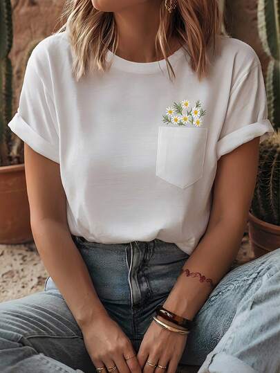 EURMUSE Women's White Loose Fit Daisy Embroidered Pocket T-Shirt – Cotton Blend Casual Short Sleeve Tee, Floral Stitch Detailing, Oversized Summer Top, Comfortable Minimalist Streetwear For Ladies