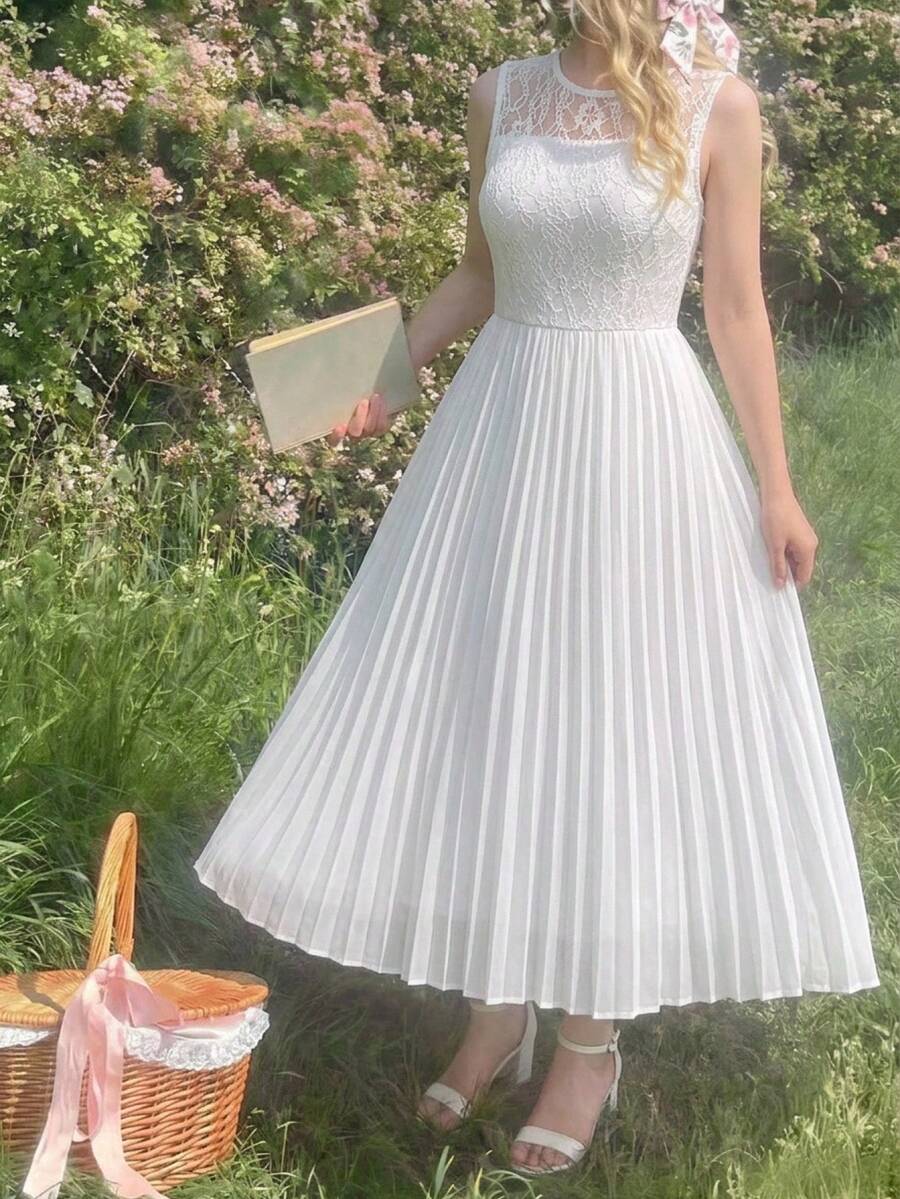 少女白色纯色雪纺连衣裙，蕾丝边褶皱无袖连衣裙，适合婚礼、毕业季等场合 - 白色 - 查看 1