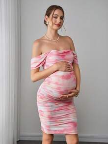 Momance 孕妇优雅时尚度假风扎染印花露肩褶皱修身连衣裙，夏季 - 彩色 - 查看 4