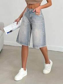 SHEIN Cottnline 100%Cotton VINTAGE WASH OVERSIZE LONG SHORT - Medium Wash - View 5