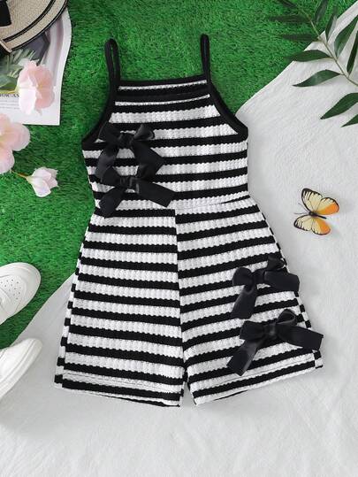 Girls' Casual Fashionable Daily Wear Sleeveless High Waist Short Romper With Cute Bow Design