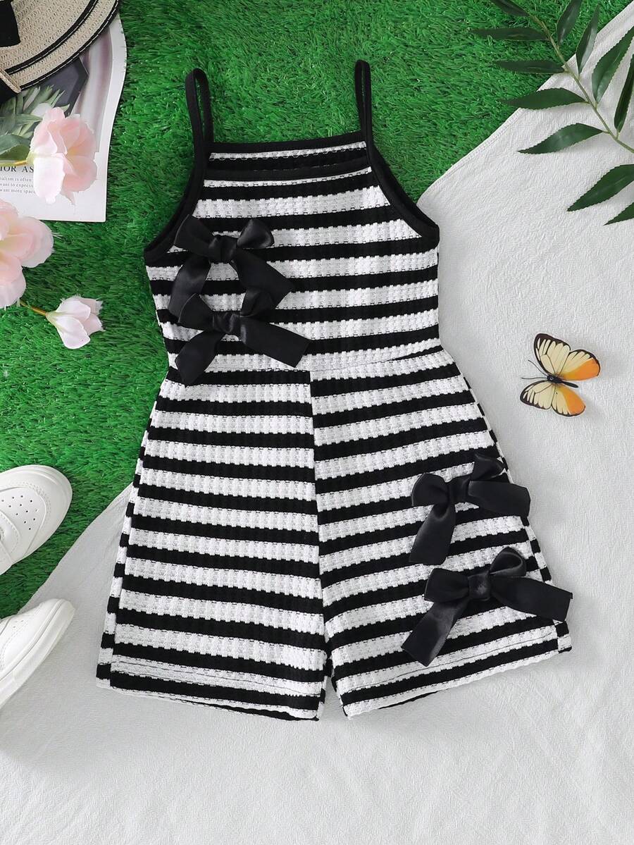 Girls' Casual Fashionable Daily Wear Sleeveless High Waist Short Romper With Cute Bow Design - Black - View 1