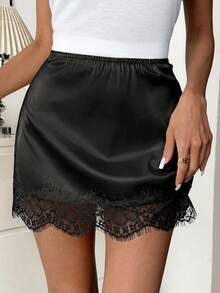 Easowa Women's Solid Color Contrast Lace Elegant A-Line Skirt - Black - View 4