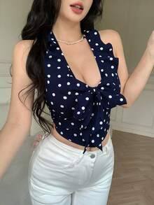 Celisse Áo camisole cổ yếm chấm bi kiểu Pháp thanh lịch với viền bèo nhún. - Nhiều màu - Xem 6