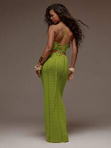 MUSERA Crochet Knit Fitted Cami Top And Maxi Skirt Set Co-Ord Spring Summer Holiday Vacation Beach Ibiza Festival Party Elegant Divinity - Green - View 2