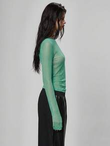 MUSERA 透视网纱长袖修身圆领上衣，冬季街头风，清凉百搭，适合夜间外出、日常穿着，性感优雅，适合假日、派对、情人节、春夏节庆等场合。 - 綠色 - 查看 4