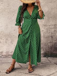 Breezaya Vestido casual maxi con botones delanteros, estampado floral y de lunares para tallas grandes - Verde - Ver 1