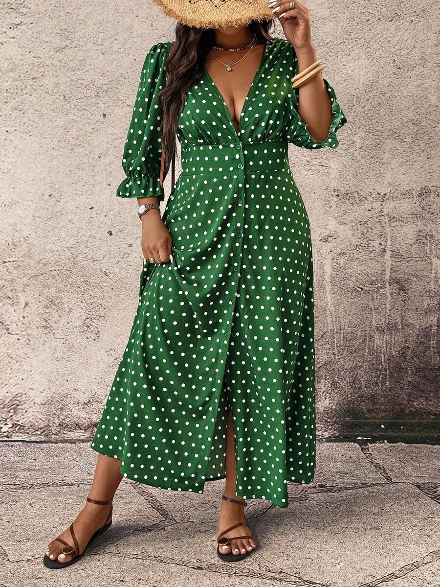 Breezaya Vestido casual maxi con botones delanteros, estampado floral y de lunares para tallas grandes - Verde - Ver 1