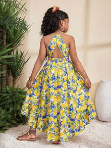 SHEIN 少女休闲度假热带花卉印花无袖露背不对称下摆连衣裙 - 彩色 - 查看 1