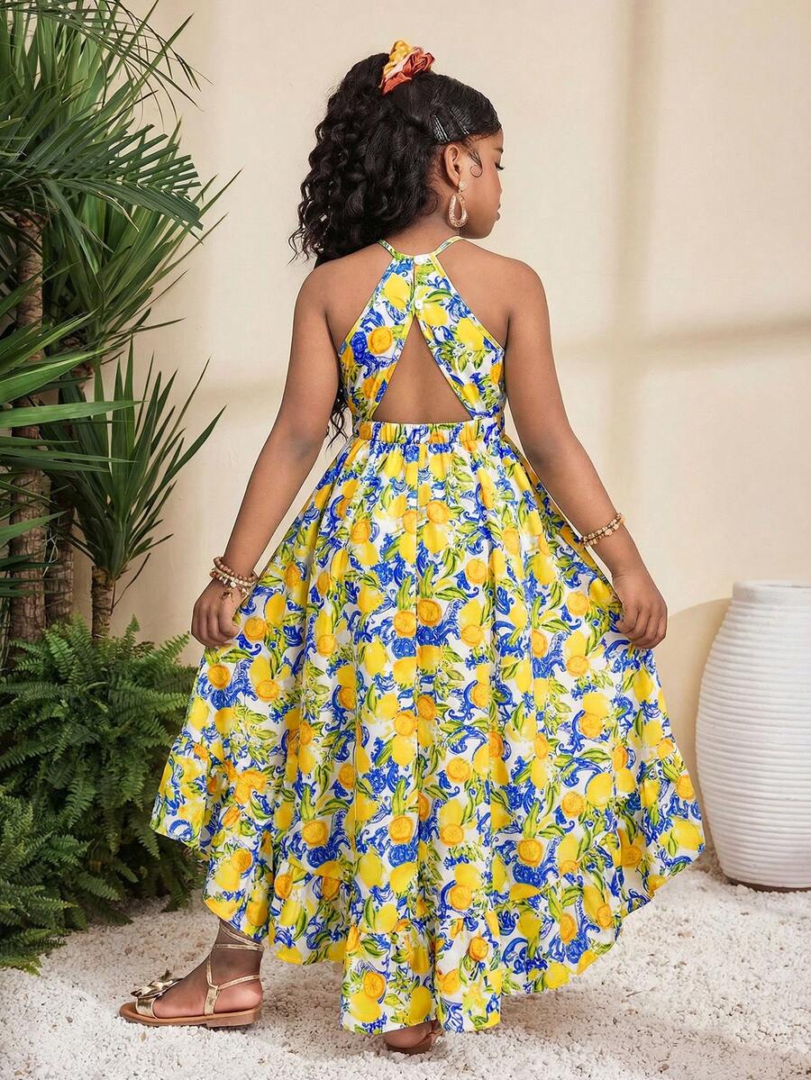 SHEIN 少女休闲度假热带花卉印花无袖露背不对称下摆连衣裙 - 彩色 - 查看 1