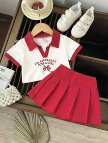 SHEIN 2pcs Baby Girl Toddler/Newborn 0-3Y Spring/Summer Casual Sporty V-Neck Polo Collar Short Sleeve Tee Shirt And Pleated Skirt Set - Red - View 4