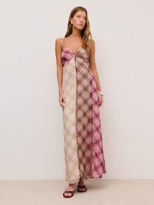 Nöista Đầm dài họa tiết kẻ caro ghép mảnh, lưng chéo và dây đeo có thể điều chỉnh. Mùa xuân, hè, dành cho nữ. - Nhiều màu - Xem 3