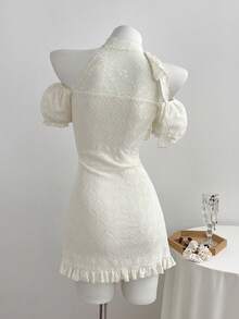 Elamini Đầm nữ, chất liệu vải dệt họa tiết phối nhiều mảnh với viền ren, thắt eo. - Màu be - Xem 2