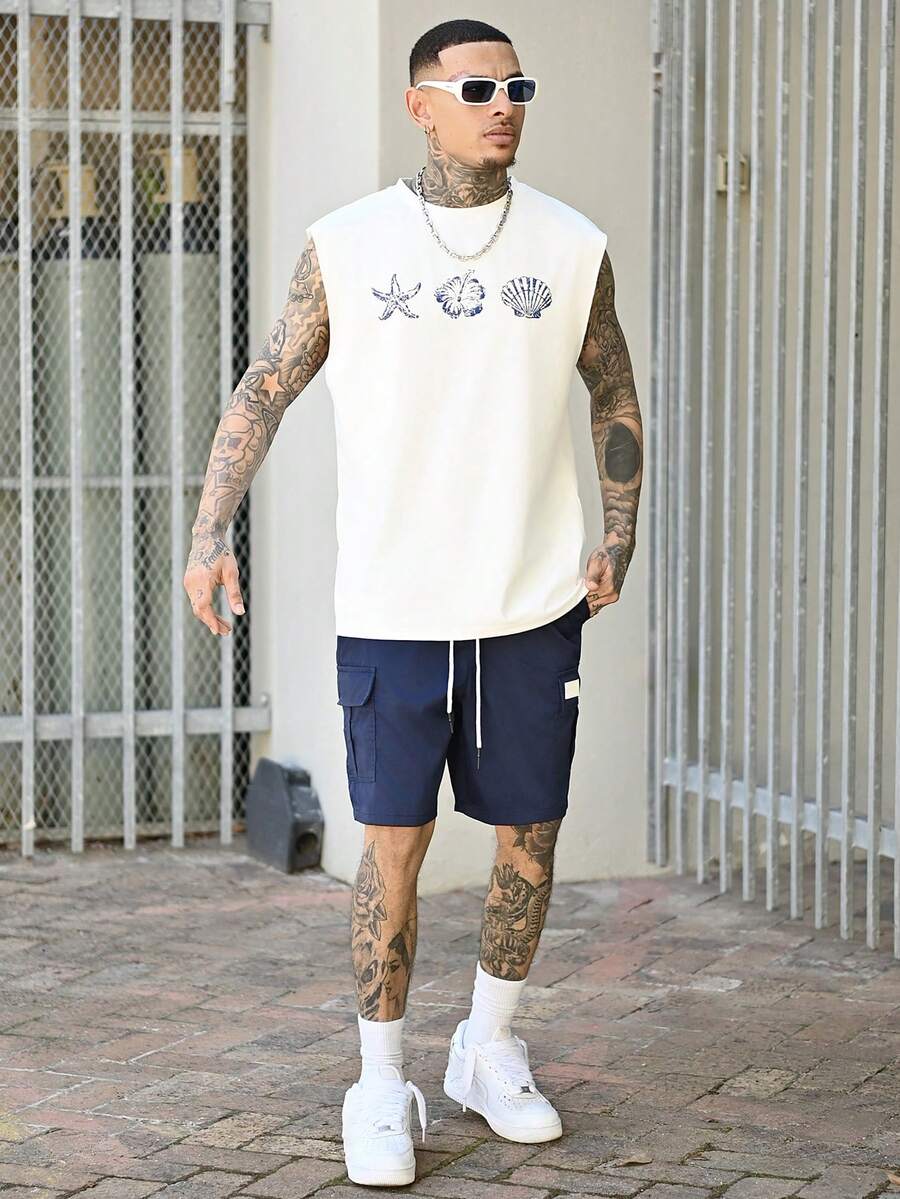 Devon Thys Men's Solid Color Elastic Waist Drawstring Pocket Cargo Shorts Men Navy Blue Cargo Shorts Men Casual Shorts Men Loose Fit Cargo Shorts Men Casual Shorts Men Cargo Short.A Great Gift For A Boyfriend Or Husband. - Navy Blue - View 1