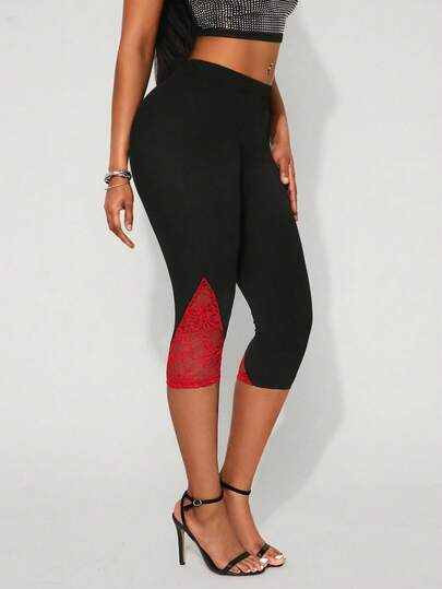 SHEIN SXY Women's Casual Lace Patchwork Cropped Leggings For Summer