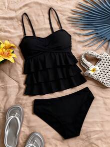 Swim Basics 新款性感优雅女士吊带泳衣套装，多层荷叶边黑色纯色面料，可拆卸肩带，挂脖分叉吊带泳衣套装，适合海滩、度假、游泳 - 黑色 - 查看 7