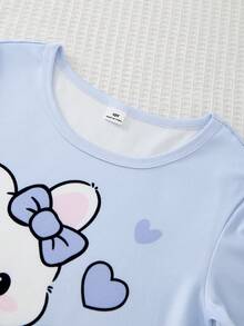 SHEIN 6件套女童可爱优雅休闲舒适柔软弹力针织面料蓝色卡通兔子蝴蝶结条纹樱桃印花圆领短袖上衣和短裤睡衣套装 - 彩色 - 查看 6