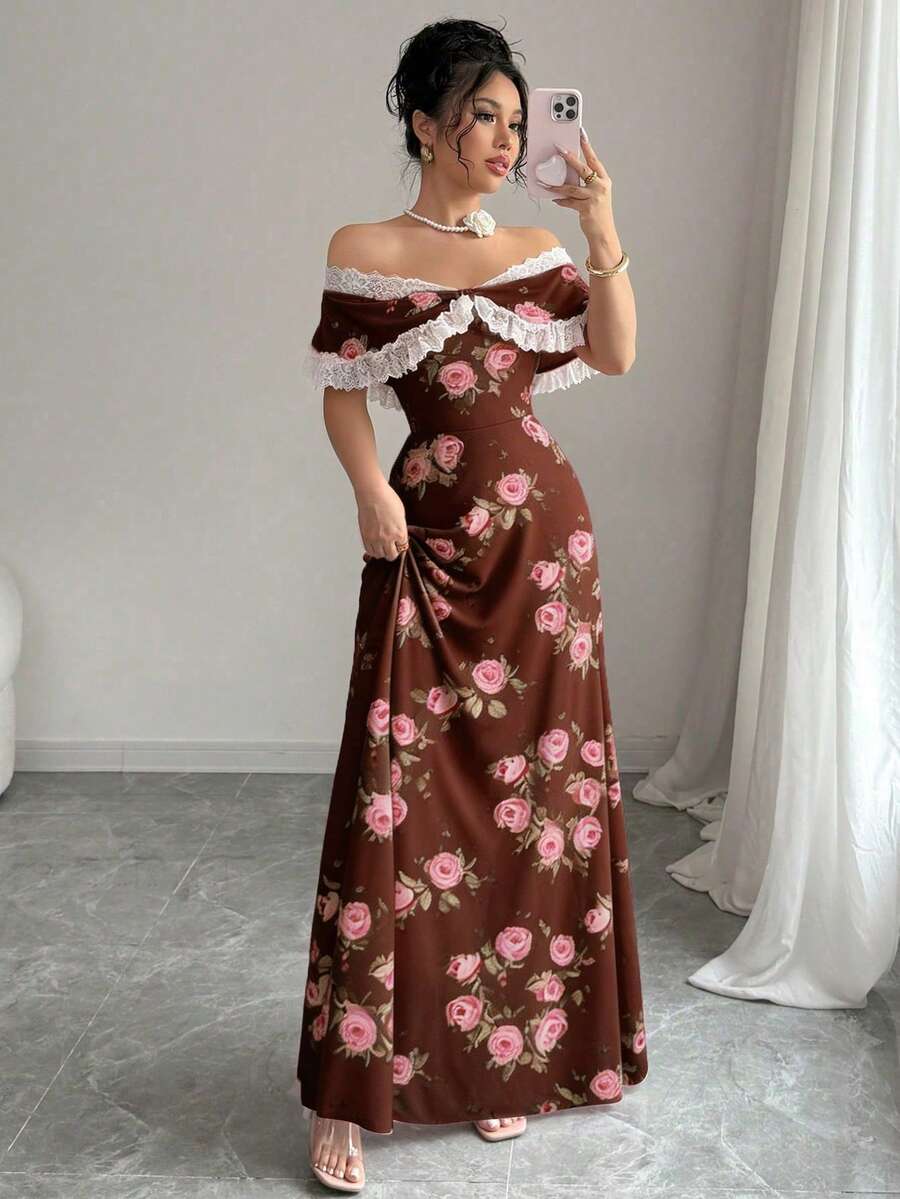 Rafferiza Petite Damen Vintage Blume Muster Spitze Patchwork Off-Shoulder Slim Fit Kleid - Braun - Übersicht 1