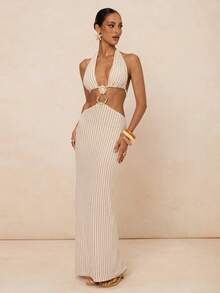 Lumalex 女士优雅无袖连衣裙，饰有金属装饰，开衩设计，修身剪裁，喇叭裙摆，适合春夏穿着 - 彩色 - 查看 5