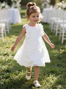SHEIN Glamorique Kids 女婴公主裙，花童礼服，白色刺绣网纱裙，A字裙摆，3D立体花朵装饰，生日派对，婚礼节日正式礼服，欧美风，中东风，可爱优雅的正式礼服 - 白色 - 查看 3